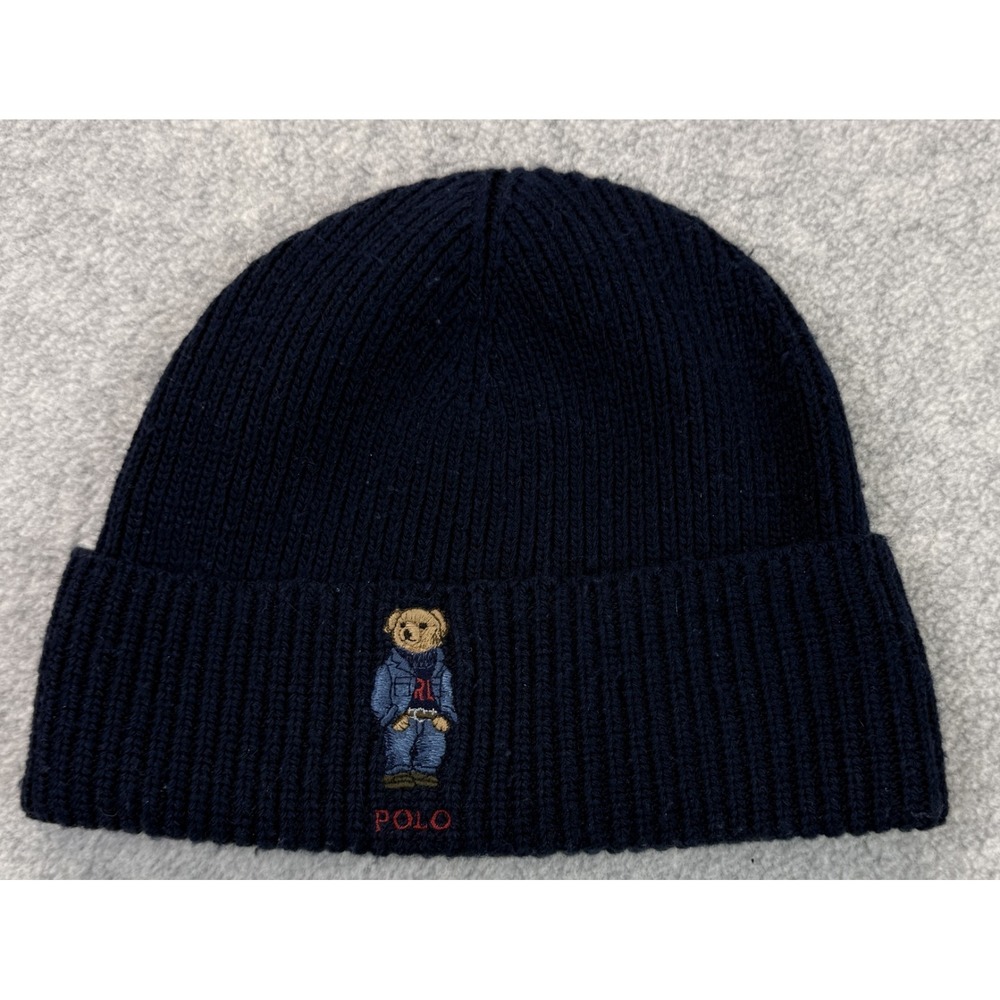 Polo Ralph Lauren Kids Polo Bear Beanie Navy Blue Ribbed Knit Embroidered Winter
